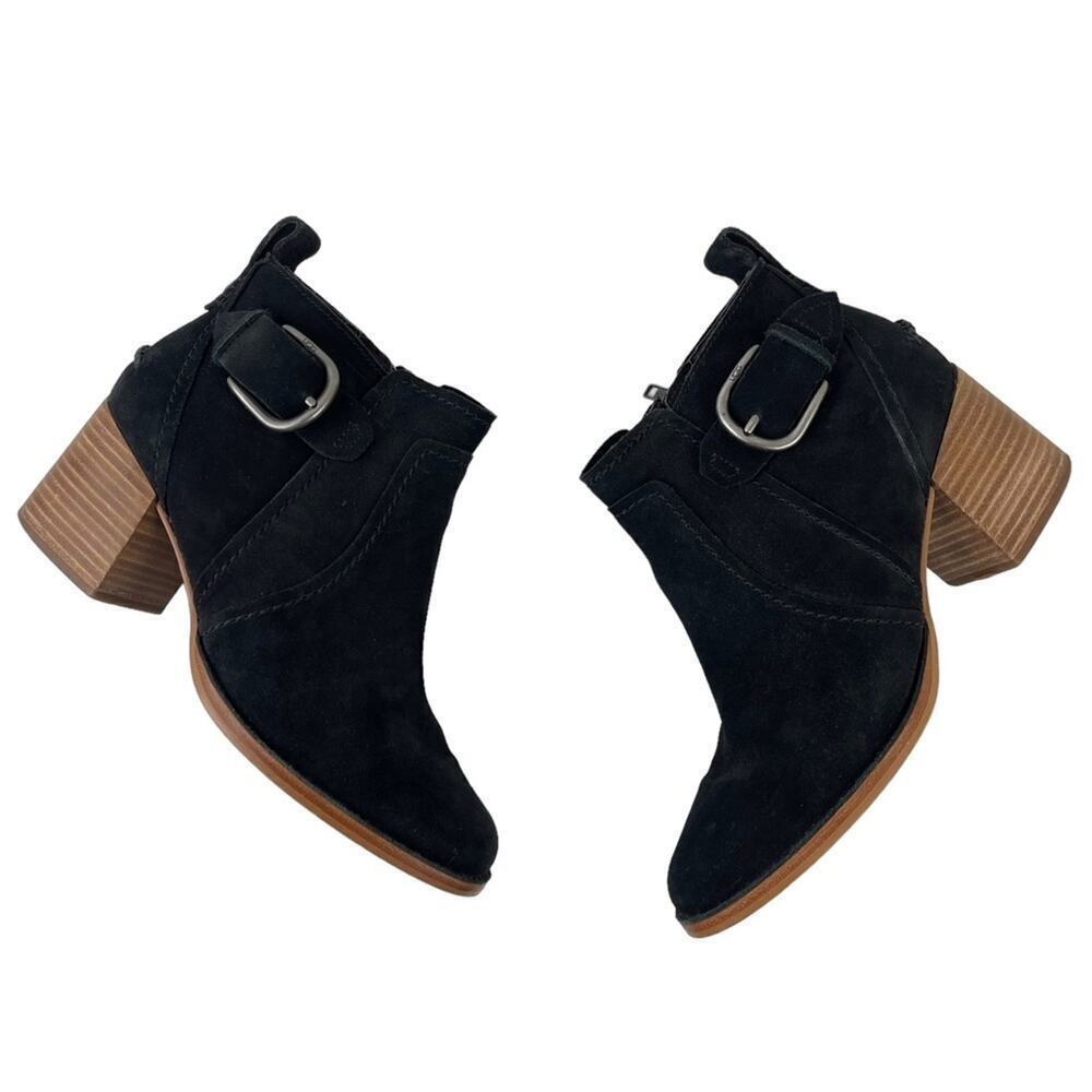 UGG Leahy Black Suede Leather Ankle Boots Stacked Block Heel Booties Size 9 - Picture 7 of 14